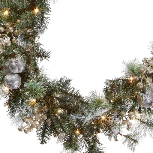 Clearance National Tree Company Pre-Lit Artificial Christmas Garland, Green, Pomegranate Pine, White Lights, Decorated With Ball Ornaments, Berry Clusters, Plug In, Christmas Collection, 9 Feet