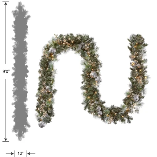 Clearance National Tree Company Pre-Lit Artificial Christmas Garland, Green, Pomegranate Pine, White Lights, Decorated With Ball Ornaments, Berry Clusters, Plug In, Christmas Collection, 9 Feet