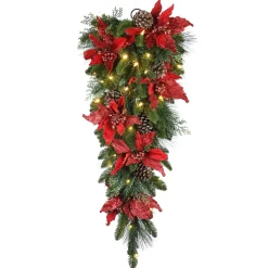 Hot National Tree Company Pre-Lit Artificial Christmas Teardrop, Green, Evergreen, White Lights, Decorated With Pine Cones, Poinsettia Flowers, Christmas Collection, 36 Inches
