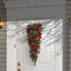 Hot National Tree Company Pre-Lit Artificial Christmas Teardrop, Green, Evergreen, White Lights, Decorated With Pine Cones, Poinsettia Flowers, Christmas Collection, 36 Inches