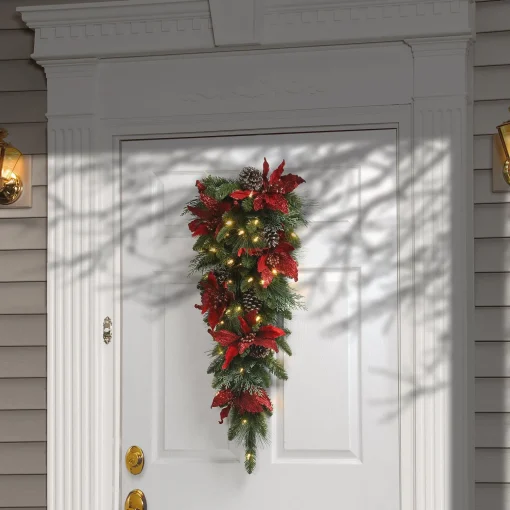 Hot National Tree Company Pre-Lit Artificial Christmas Teardrop, Green, Evergreen, White Lights, Decorated With Pine Cones, Poinsettia Flowers, Christmas Collection, 36 Inches