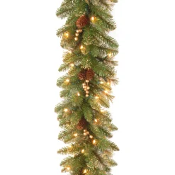 Outlet National Tree Company Pre-Lit Artificial Christmas Garland, Green, Glittery Pine, White Lights, Decorated With Pine Cones, Berry Clusters, Plug In, Christmas Collection, 9 Feet
