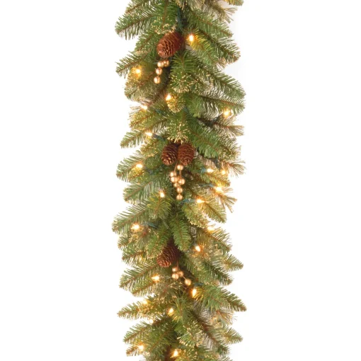 Outlet National Tree Company Pre-Lit Artificial Christmas Garland, Green, Glittery Pine, White Lights, Decorated With Pine Cones, Berry Clusters, Plug In, Christmas Collection, 9 Feet