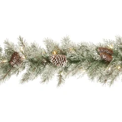 New National Tree Company Pre-Lit 'Feel Real' Artificial Christmas Garland, Green, Mountain Spruce, White Lights, Decorated With Pine Cones, Frosted Branches, Berry Clusters, Plug In, Christmas Collection, 9 Feet