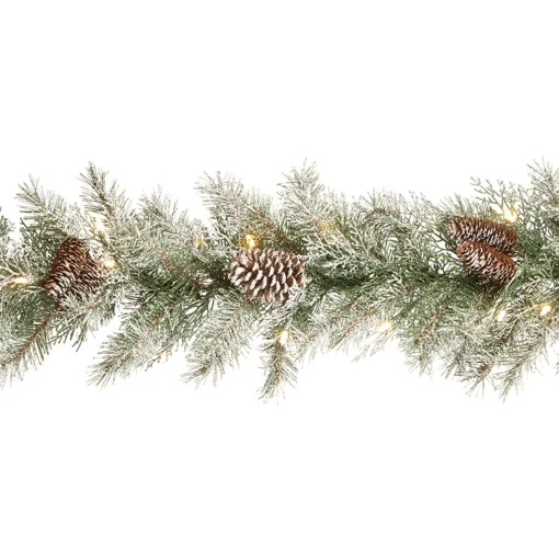 New National Tree Company Pre-Lit 'Feel Real' Artificial Christmas Garland, Green, Mountain Spruce, White Lights, Decorated With Pine Cones, Frosted Branches, Berry Clusters, Plug In, Christmas Collection, 9 Feet