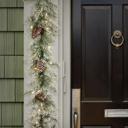 New National Tree Company Pre-Lit 'Feel Real' Artificial Christmas Garland, Green, Mountain Spruce, White Lights, Decorated With Pine Cones, Frosted Branches, Berry Clusters, Plug In, Christmas Collection, 9 Feet
