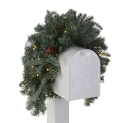 Fashion National Tree Company Pre-Lit Artificial Mailbox Swag Decoration, Green, Arctic Spruce, Led Lights, Decorated With Pine Cones, Christmas Collection, 3 Feet