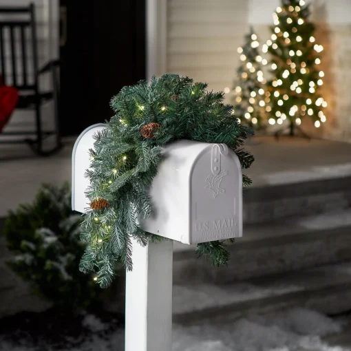 Fashion National Tree Company Pre-Lit Artificial Mailbox Swag Decoration, Green, Arctic Spruce, Led Lights, Decorated With Pine Cones, Christmas Collection, 3 Feet