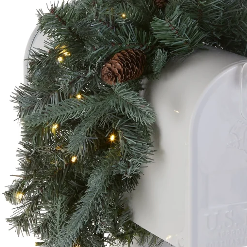 Fashion National Tree Company Pre-Lit Artificial Mailbox Swag Decoration, Green, Arctic Spruce, Led Lights, Decorated With Pine Cones, Christmas Collection, 3 Feet