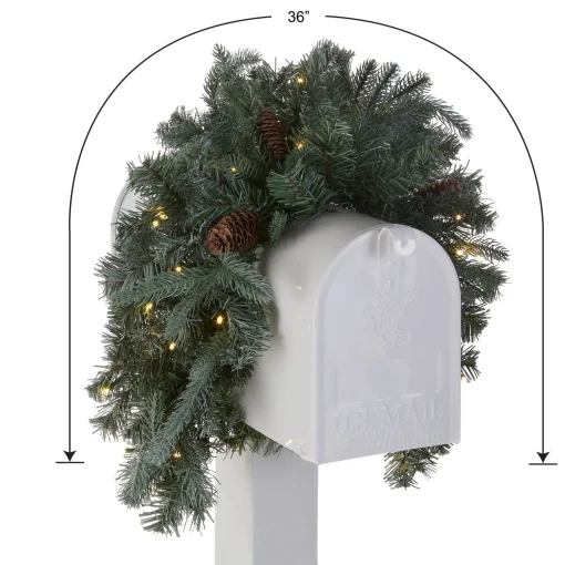 Fashion National Tree Company Pre-Lit Artificial Mailbox Swag Decoration, Green, Arctic Spruce, Led Lights, Decorated With Pine Cones, Christmas Collection, 3 Feet
