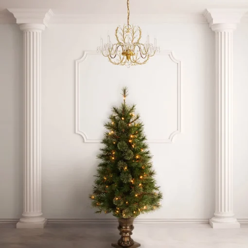 Pre-Lit Artificial Entrance Christmas Tree, Atlanta Spruce, Green, White Lights, Includes Metal Base, 4 Feet^National Tree Company Clearance