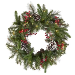 Sale National Tree Company Pre-Lit Artificial Christmas Wreath, Green, Bristle Berry Pine, White Lights, Decorated With Frosted Branches, Pine Cones, Berry Clusters, Christmas Collection, 24 Inches