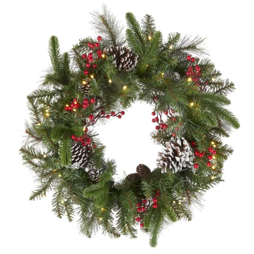 Sale National Tree Company Pre-Lit Artificial Christmas Wreath, Green, Bristle Berry Pine, White Lights, Decorated With Frosted Branches, Pine Cones, Berry Clusters, Christmas Collection, 24 Inches