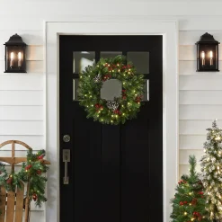 Sale National Tree Company Pre-Lit Artificial Christmas Wreath, Green, Bristle Berry Pine, White Lights, Decorated With Frosted Branches, Pine Cones, Berry Clusters, Christmas Collection, 24 Inches