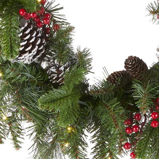 Sale National Tree Company Pre-Lit Artificial Christmas Wreath, Green, Bristle Berry Pine, White Lights, Decorated With Frosted Branches, Pine Cones, Berry Clusters, Christmas Collection, 24 Inches