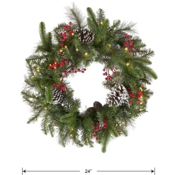 Sale National Tree Company Pre-Lit Artificial Christmas Wreath, Green, Bristle Berry Pine, White Lights, Decorated With Frosted Branches, Pine Cones, Berry Clusters, Christmas Collection, 24 Inches