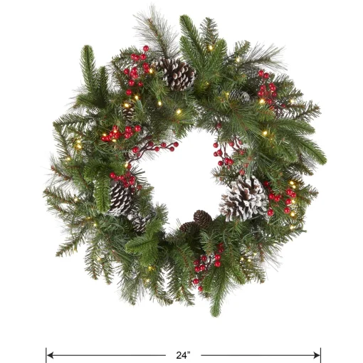 Sale National Tree Company Pre-Lit Artificial Christmas Wreath, Green, Bristle Berry Pine, White Lights, Decorated With Frosted Branches, Pine Cones, Berry Clusters, Christmas Collection, 24 Inches