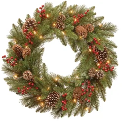 Sale National Tree Company Pre-Lit Artificial Christmas Wreath, Green, Bristle Berry Pine, White Lights, Decorated With Frosted Branches, Pine Cones, Berry Clusters, Christmas Collection, 24 Inches