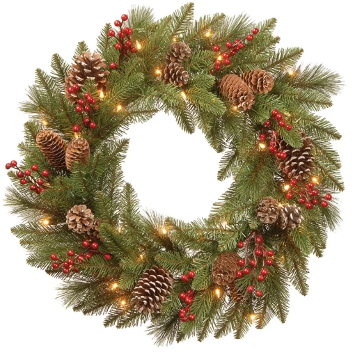 Sale National Tree Company Pre-Lit Artificial Christmas Wreath, Green, Bristle Berry Pine, White Lights, Decorated With Frosted Branches, Pine Cones, Berry Clusters, Christmas Collection, 24 Inches