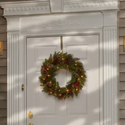 Sale National Tree Company Pre-Lit Artificial Christmas Wreath, Green, Bristle Berry Pine, White Lights, Decorated With Frosted Branches, Pine Cones, Berry Clusters, Christmas Collection, 24 Inches