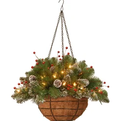 Fashion National Tree Company Pre-Lit Artificial Christmas Hanging Basket, Mountain Spruce, Decorated With Frosted Pine Cones, Berry Clusters, White Lights, Christmas Collection, 20 Inches