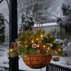 Fashion National Tree Company Pre-Lit Artificial Christmas Hanging Basket, Mountain Spruce, Decorated With Frosted Pine Cones, Berry Clusters, White Lights, Christmas Collection, 20 Inches