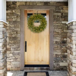 Best National Tree Company Pre-Lit Artificial Christmas Wreath, Green, North Valley Spruce, White Lights, Christmas Collection, 24 Inches