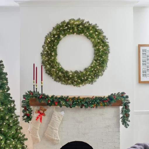 Discount National Tree Company Pre-Lit Artificial Christmas Wreath, Green, Norwood Fir, White Lights, Christmas Collection, 48 Inches