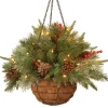 Best National Tree Company Pre-Lit 'Feel Real' Artificial Christmas Hanging Basket, Colonial, Decorated With Frosted Pine Cones, Berry Clusters, White Lights, Christmas Collection, 20 Inches