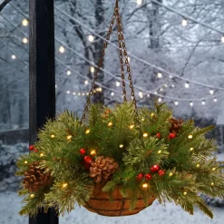 Best National Tree Company Pre-Lit 'Feel Real' Artificial Christmas Hanging Basket, Colonial, Decorated With Frosted Pine Cones, Berry Clusters, White Lights, Christmas Collection, 20 Inches