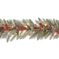 Store National Tree Company Pre-Lit Artificial Christmas Garland, Green, Snowy Bristle Berry, White Lights, Decorated With Pine Cones, Berry Clusters, Plug In, Christmas Collection, 9 Feet