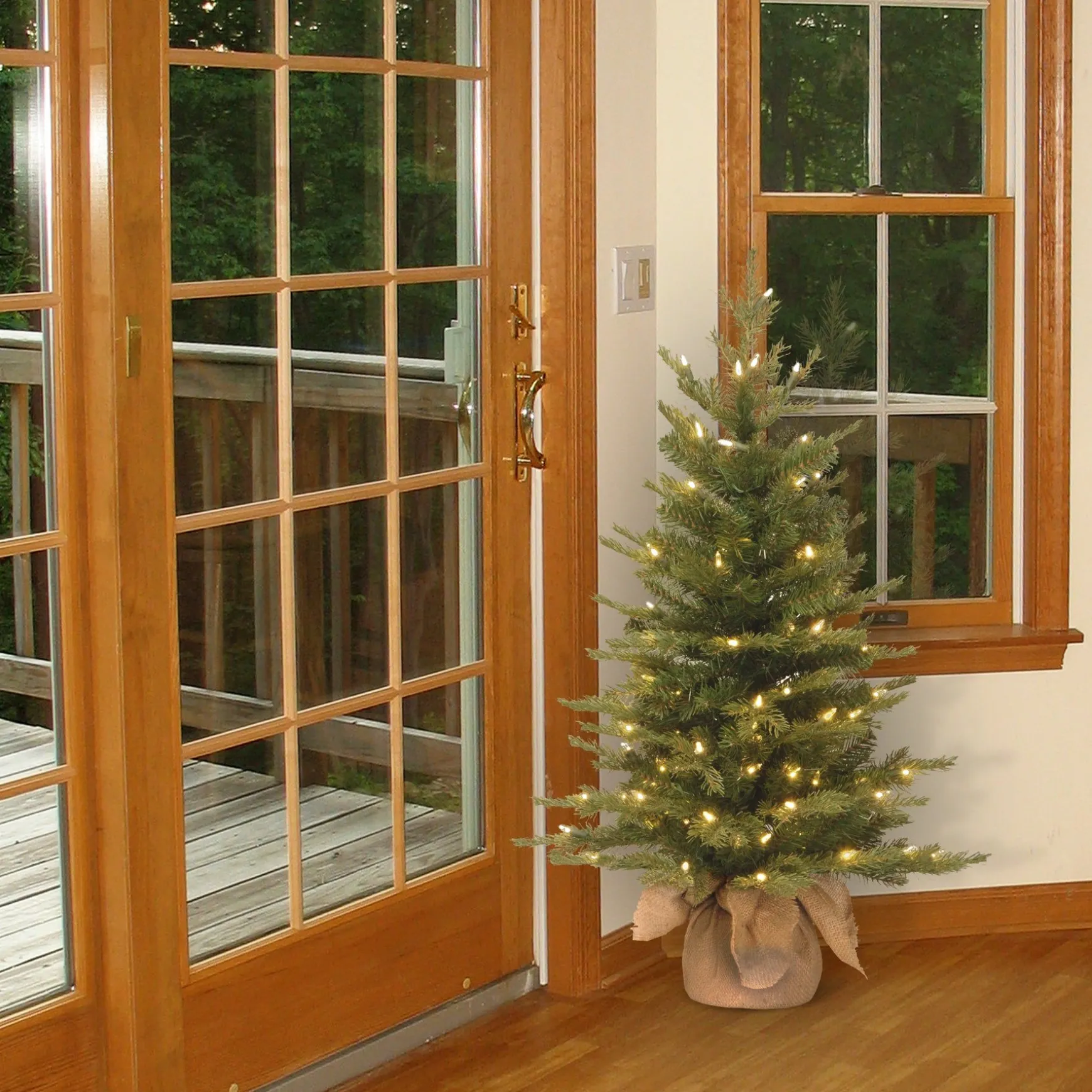 Best Sale National Tree Company Pre-Lit 'Feel Real' Artificial Mini Christmas Tree, Green, Nordic Spruce, White Lights, Includes Burlap Bag Base, 3 Feet