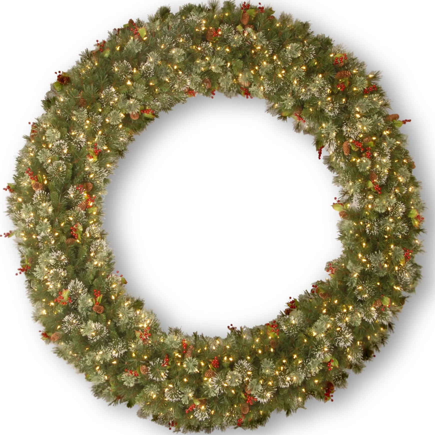 Best Sale National Tree Company Pre-Lit Artificial Christmas Wreath, Green, Wintry Pine, White Lights, Decorated With Frosted Branches, Berry Clusters, Pine Cones, Christmas Collection, 72 Inches