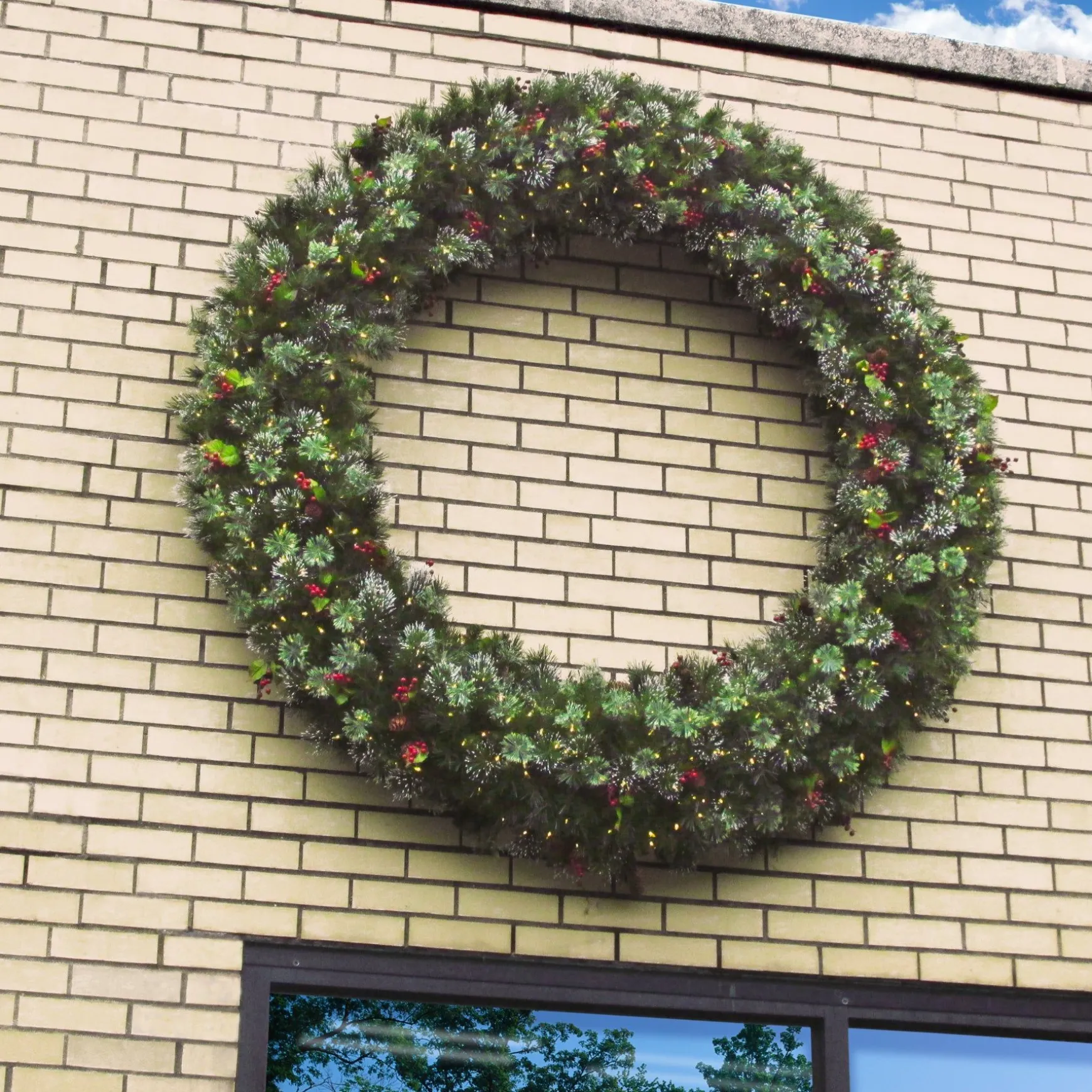 Best Sale National Tree Company Pre-Lit Artificial Christmas Wreath, Green, Wintry Pine, White Lights, Decorated With Frosted Branches, Berry Clusters, Pine Cones, Christmas Collection, 72 Inches
