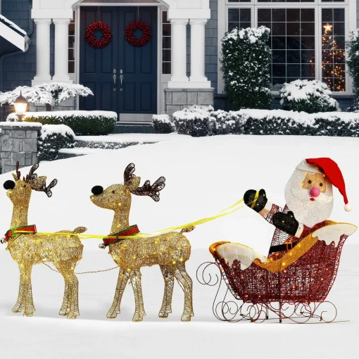 Fashion National Tree Company Pre Lit Santa And Reindeer Decoration, Includes Santa, Two Reindeer, Prestrung With 225 Warm White Led Lights, Battery Powered, Christmas Collection, 33 Inches