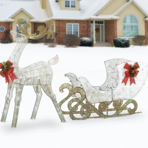 Best Sale National Tree Company Pre Lit Sisal Reindeer And Sleigh Decoration, Cool White Led Lights, Plug In, Christmas Collection, 48 Inches