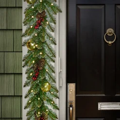 Online National Tree Company Pre-Lit Artificial Christmas Garland, Green, Dunhill Fir, Decorated With Pine Cones, Frosted Branches, Berry Clusters, Battery Operated, Christmas Collection, 9 Feet