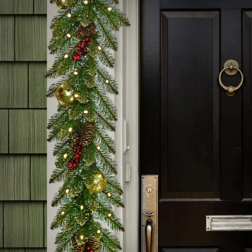 Online National Tree Company Pre-Lit Artificial Christmas Garland, Green, Dunhill Fir, Decorated With Pine Cones, Frosted Branches, Berry Clusters, Battery Operated, Christmas Collection, 9 Feet