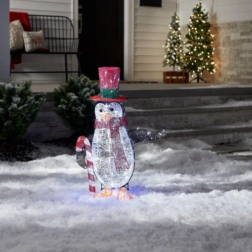 Store National Tree Company Prelit Led 36" Penguin With Red Top Hat And Candy Cane Decor