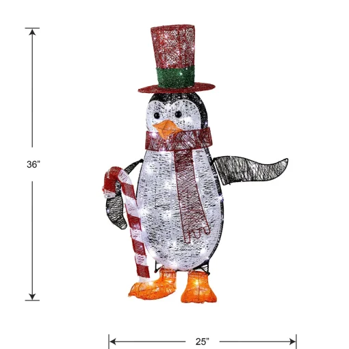 Store National Tree Company Prelit Led 36" Penguin With Red Top Hat And Candy Cane Decor