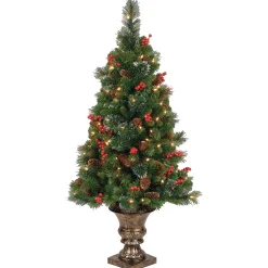 Pre-Lit Artificial Mini Christmas Tree, Green, Crestwood Spruce, White Lights, Decorated With Pine Cones, Berry Clusters, Frosted Branches, Includes Pot Base, 4 Feet^National Tree Company New
