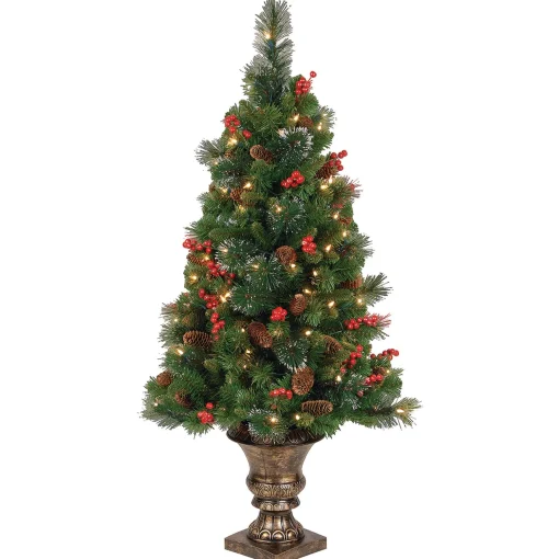 Pre-Lit Artificial Mini Christmas Tree, Green, Crestwood Spruce, White Lights, Decorated With Pine Cones, Berry Clusters, Frosted Branches, Includes Pot Base, 4 Feet^National Tree Company New