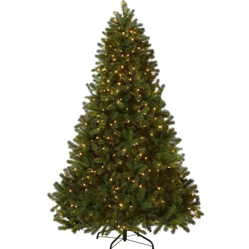 New National Tree Company Pre-Lit 'Feel Real' Artificial Full Downswept Christmas Tree, Green, Douglas Fir, Dual Color Led Lights, Includes Stand, 7.5 Feet