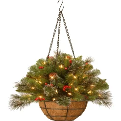 Best Sale National Tree Company Pre-Lit Artificial Christmas Hanging Basket, Crestwood Spruce, Decorated With Frosted Pine Cones, Berry Clusters, White Lights, Christmas Collection, 16 Inches