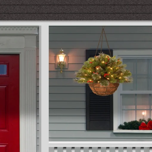 Best Sale National Tree Company Pre-Lit Artificial Christmas Hanging Basket, Crestwood Spruce, Decorated With Frosted Pine Cones, Berry Clusters, White Lights, Christmas Collection, 16 Inches