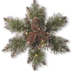 Outlet National Tree Company Pre-Lit Artificial Christmas Star Wreath, Green, Glittery Bristle Pine, White Lights, Decorated With Pine Cones, Frosted Branches, Christmas Collection, 14 Inches