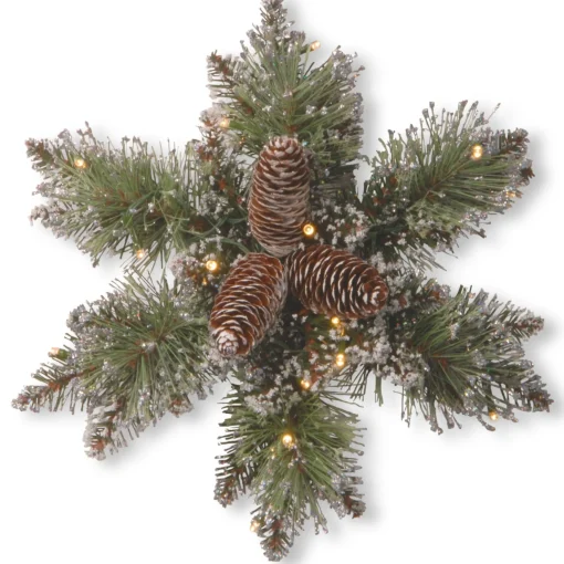 Outlet National Tree Company Pre-Lit Artificial Christmas Star Wreath, Green, Glittery Bristle Pine, White Lights, Decorated With Pine Cones, Frosted Branches, Christmas Collection, 14 Inches