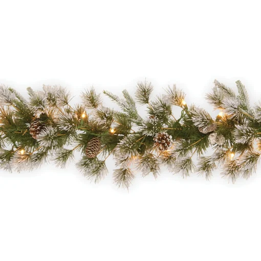 Store National Tree Company Pre-Lit 'Feel Real' Artificial Christmas Garland, Green, Liberty Pine, White Lights, Decorated With Pine Cones, Frosted Branches, Plug In, Christmas Collection, 9 Feet