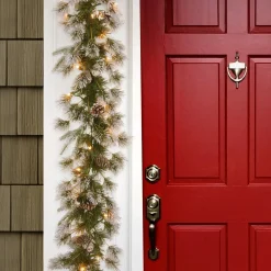 Store National Tree Company Pre-Lit 'Feel Real' Artificial Christmas Garland, Green, Liberty Pine, White Lights, Decorated With Pine Cones, Frosted Branches, Plug In, Christmas Collection, 9 Feet