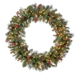Shop National Tree Company Pre-Lit Artificial Christmas Wreath, Green, Crestwood Spruce, White Lights, Decorated With Pine Cones, Berry Clusters, Frosted Branches, Christmas Collection, 36 Inches
